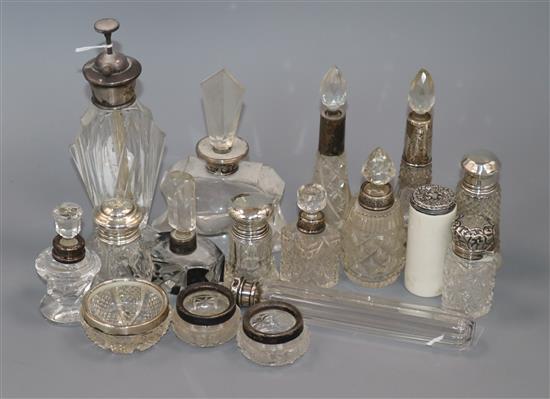 Seventeen assorted late Victorian and later, silver or white metal mounted mainly glass scent bottles, toilet jars, atomiser etc.